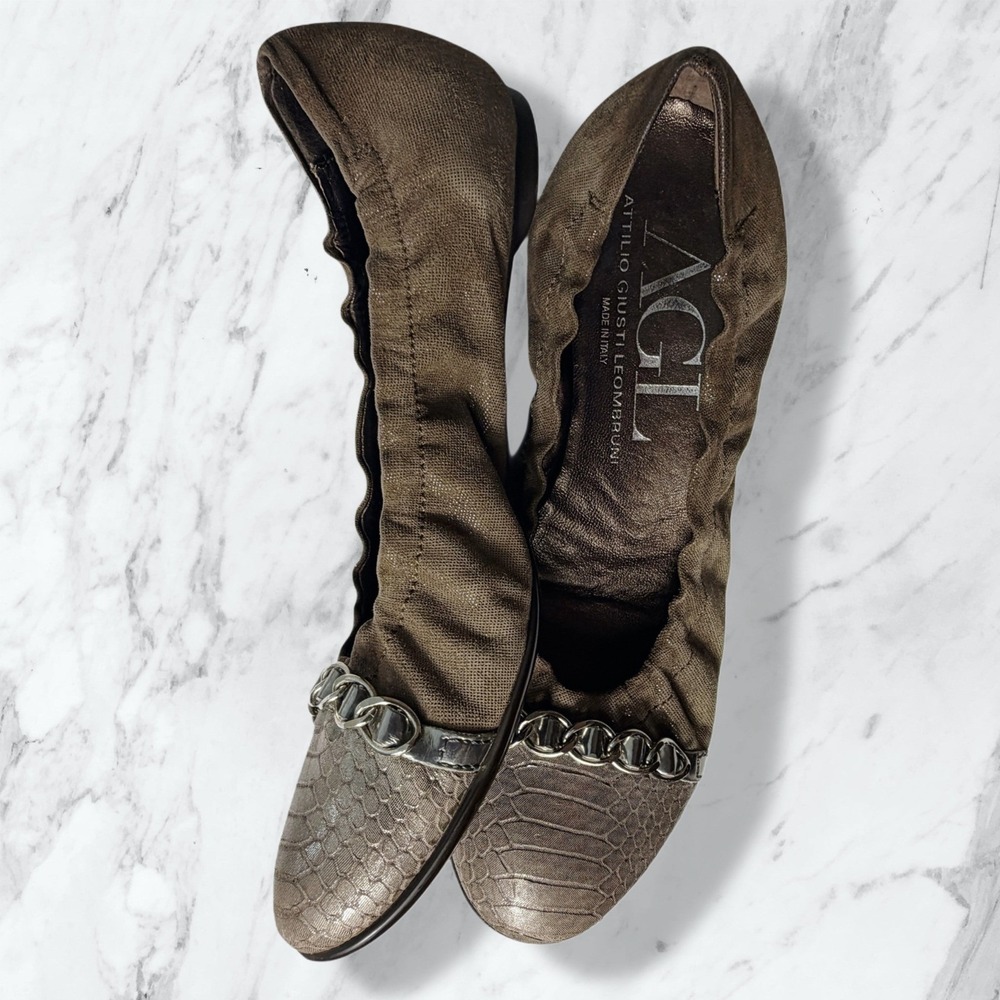 AGL Attilio Giusti Leombruni Cap Toe Chain Ballet Flats Brown Suede 37.5 - Picture 9 of 10
